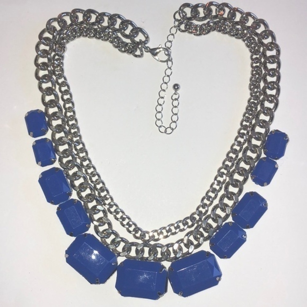 Silver Tone Blue Chunky Rhinestone & Chain Boho Statement Necklace